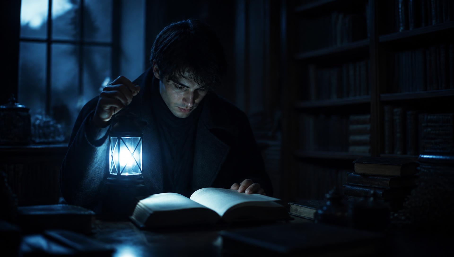 A reader holding a lantern over an open book in a moonlit library